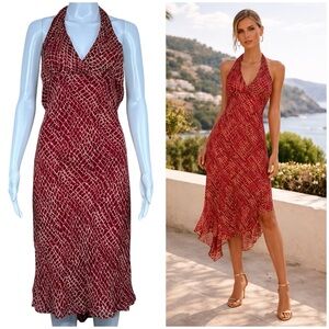 Arden B Y2K Babydoll Halter Bias Midi Dress Size 6 Red Snake Asymmetrical Flowy